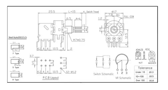 PCBのノブ10kの回転式電位差計0.2Wの可変的な抵抗器の鍋DPDT